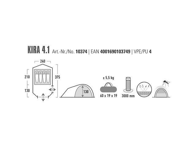 High peak kira 4.1 koepeltent 4-persoons 375 x 240 cm bosgroen - afbeelding 3 van  4