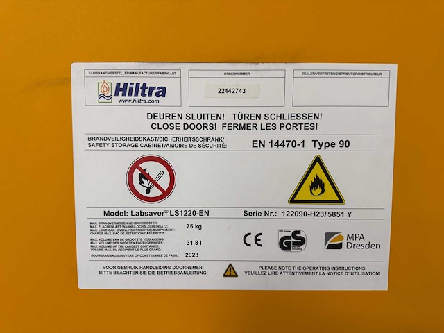 Hiltra - labsaver ls1220-en 90 - chemiekast bj 2023 - afbeelding 2 van  3