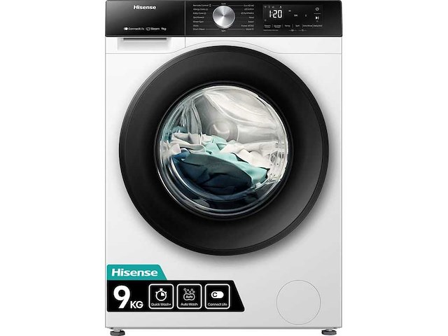 Hisense wf3s9043bw3 wasmachine voorlader 9 kg 1400 rpm wit duits display - afbeelding 1 van  6
