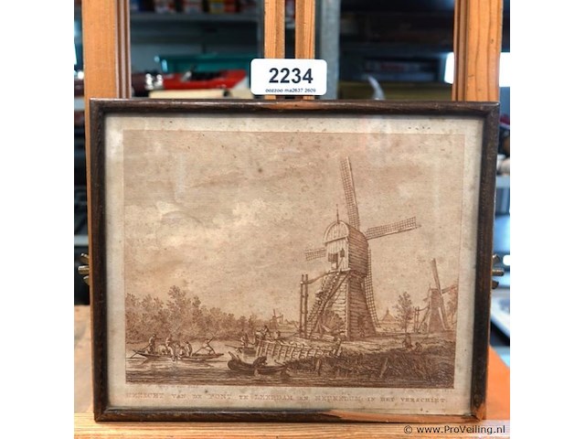 Historische prent getiteld "gezicht van de pont te leerdam en heukelum in het verschiet", gemaakt rond 1801 door prentmaker izaak jansz. de wit - afbeelding 1 van  5