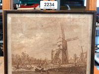 Historische prent getiteld "gezicht van de pont te leerdam en heukelum in het verschiet", gemaakt rond 1801 door prentmaker izaak jansz. de wit - afbeelding 1 van  5