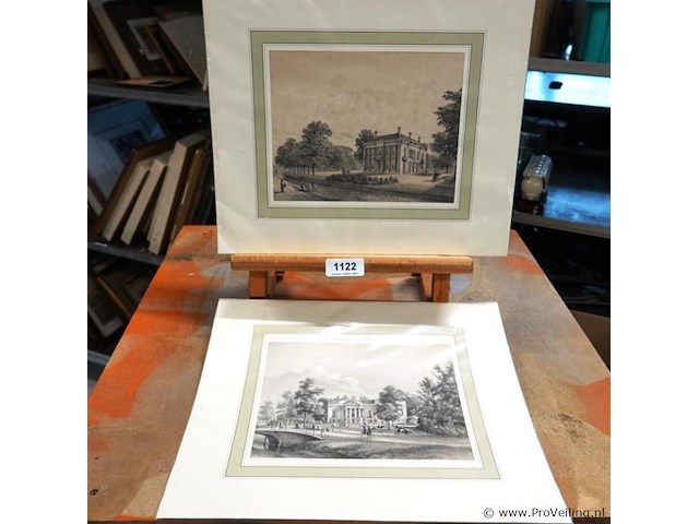 Historische prent toont het landhuis sandwijck in de bilt en historische prent toont het huis het hoogeland aan de biltstraat in utrecht, getekend door p.j. lutgers rond 1858-1869. - afbeelding 1 van  5