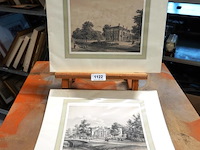Historische prent toont het landhuis sandwijck in de bilt en historische prent toont het huis het hoogeland aan de biltstraat in utrecht, getekend door p.j. lutgers rond 1858-1869. - afbeelding 1 van  5
