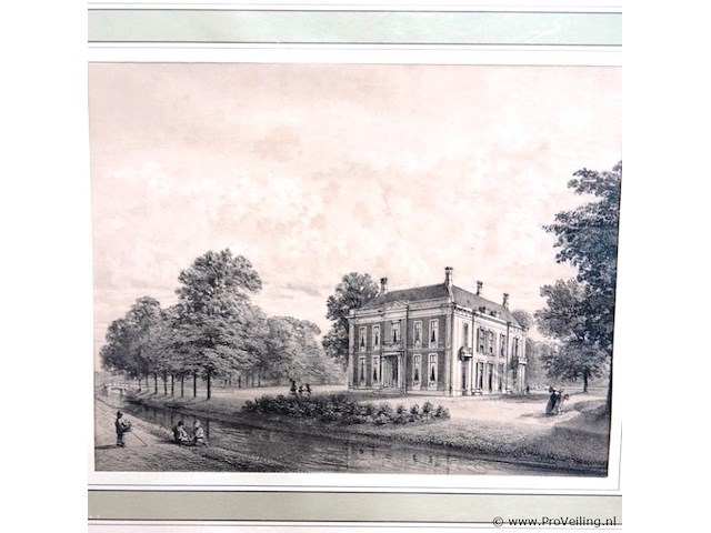 Historische prent toont het landhuis sandwijck in de bilt en historische prent toont het huis het hoogeland aan de biltstraat in utrecht, getekend door p.j. lutgers rond 1858-1869. - afbeelding 2 van  5