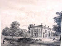 Historische prent toont het landhuis sandwijck in de bilt en historische prent toont het huis het hoogeland aan de biltstraat in utrecht, getekend door p.j. lutgers rond 1858-1869. - afbeelding 2 van  5