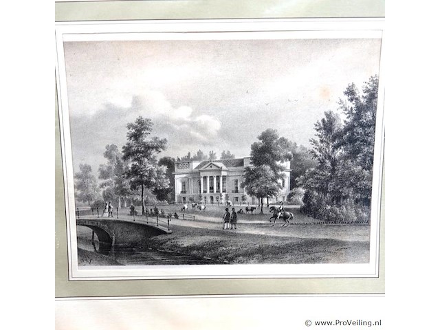 Historische prent toont het landhuis sandwijck in de bilt en historische prent toont het huis het hoogeland aan de biltstraat in utrecht, getekend door p.j. lutgers rond 1858-1869. - afbeelding 3 van  5