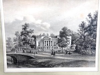 Historische prent toont het landhuis sandwijck in de bilt en historische prent toont het huis het hoogeland aan de biltstraat in utrecht, getekend door p.j. lutgers rond 1858-1869. - afbeelding 3 van  5