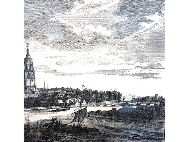 Historische prentwerk is een 18e-eeuwse kopergravure getiteld "de stad arnhem, te zien van de hoogtens naar den eltenerberg" - afbeelding 3 van  5