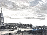 Historische prentwerk is een 18e-eeuwse kopergravure getiteld "de stad arnhem, te zien van de hoogtens naar den eltenerberg" - afbeelding 3 van  5