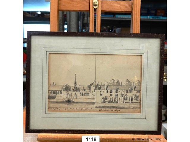 Historische tekening in twee delen. links "het oude gasthuys van achteren aan de brabandsche kerffmarkt" en rechts "het raritand huys." - afbeelding 1 van  5