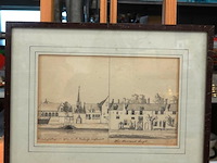 Historische tekening in twee delen. links "het oude gasthuys van achteren aan de brabandsche kerffmarkt" en rechts "het raritand huys." - afbeelding 1 van  5