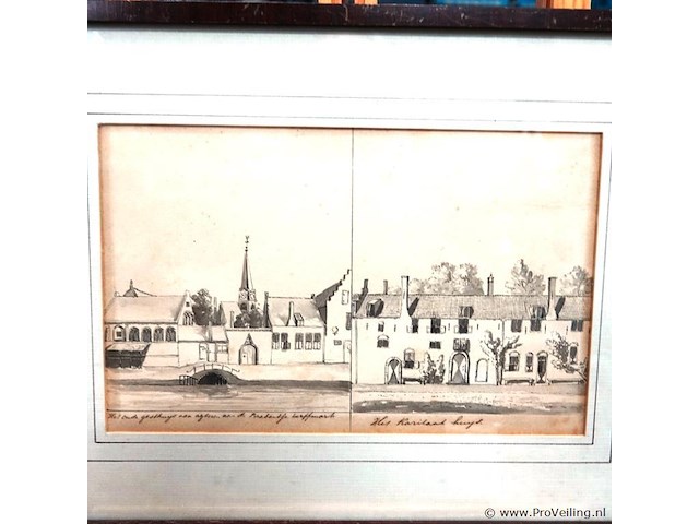 Historische tekening in twee delen. links "het oude gasthuys van achteren aan de brabandsche kerffmarkt" en rechts "het raritand huys." - afbeelding 2 van  5