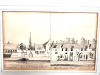 Historische tekening in twee delen. links "het oude gasthuys van achteren aan de brabandsche kerffmarkt" en rechts "het raritand huys." - afbeelding 2 van  5