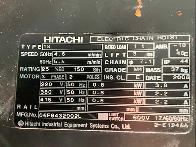 Hitachi 1s elektrische kettingtakel (3x) - afbeelding 6 van  7