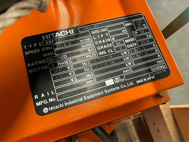 Hitachi 3sfn en 3sftn elektrische kettingtakel met loopkat - afbeelding 3 van  4