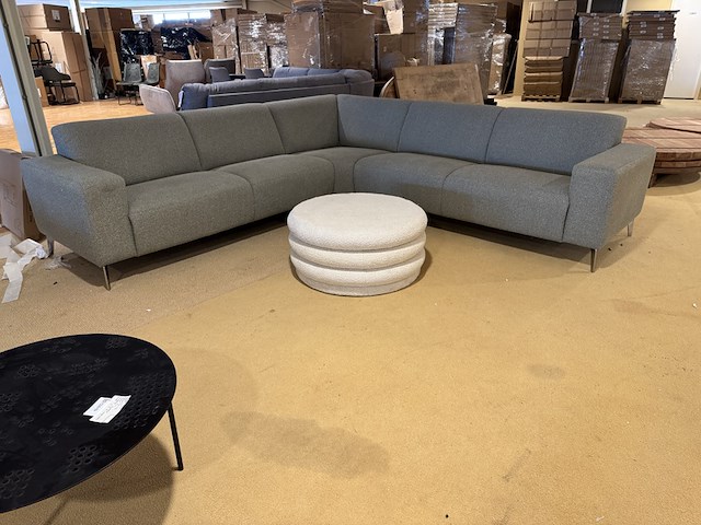 Hoekbank + hocker, groen stof, rvs poten - afbeelding 1 van  7