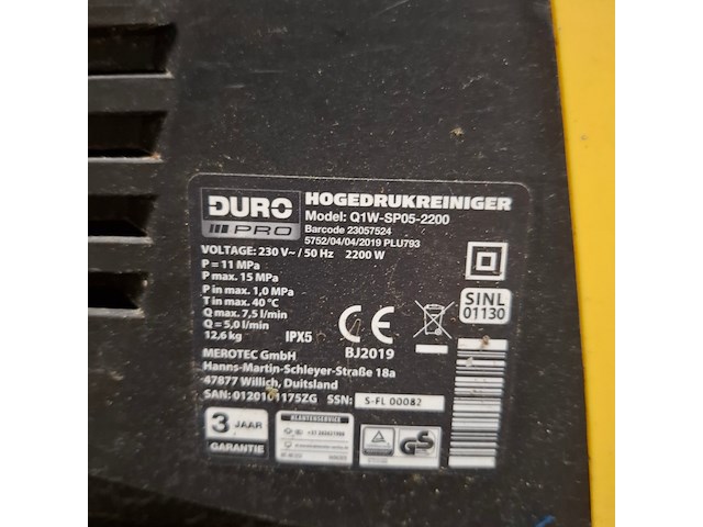 Hogedrukreiniger met slanghaspel duro, q1w-sp05-220, bouwjaar 2019 - afbeelding 5 van  7
