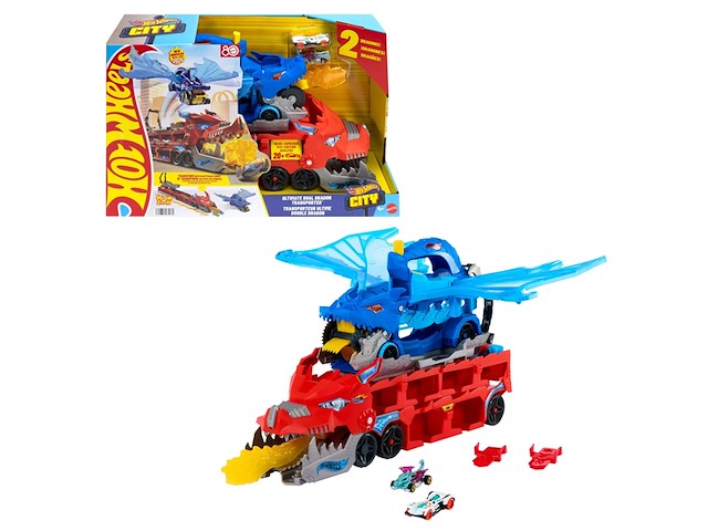 Hot wheels city ultieme dubbele draak transportvoertuig en 2 speelgoedauto's - afbeelding 1 van  4