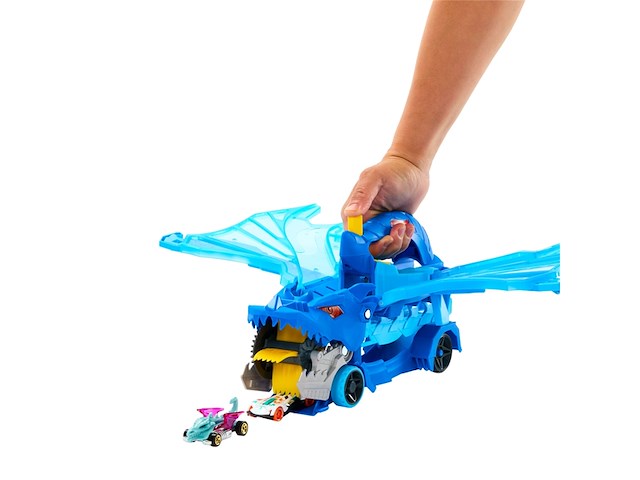 Hot wheels city ultieme dubbele draak transportvoertuig en 2 speelgoedauto's - afbeelding 2 van  4