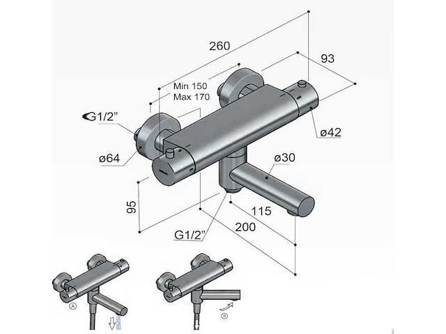 Hotbath - cobber (b020bl) - - thermostatische badmengkraan met wegdraaibare uitloop - afbeelding 2 van  6