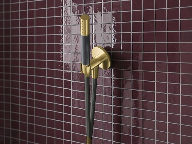 Hotbath cobber staaf handdouche met wanduitlaat en doucheslang geborsteld messing pvd mat zwart - afbeelding 1 van  7