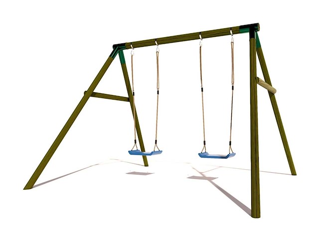 Houten dubbele schommel met 2 kunststof schommels - afbeelding 1 van  2