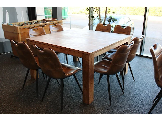 Houten kantinetafel incl. acht eetkamerstoelen mxsofa, afm. tafel 140 x 140 x 79 cm. let op: onderdeel comb... onderdeel van combinatiekavel combinatiekavel van de kavels m470, m471 en m472. - afbeelding 1 van  4