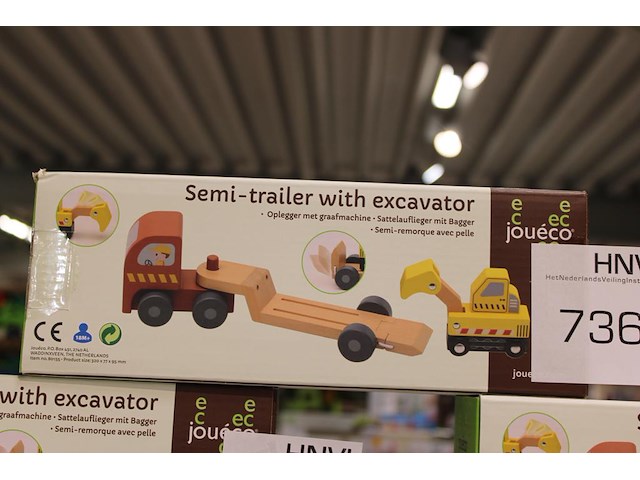 Houten speelgoed joueco, trailer met graafmachine. - afbeelding 1 van  1