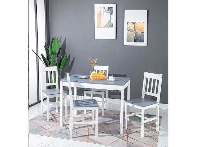 Houten tafel met 4 stoelen, wit - afbeelding 1 van  3
