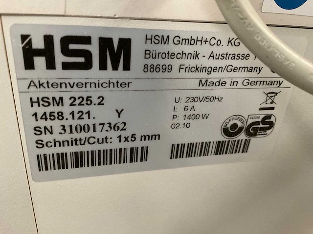 Hsm 225.2 papiershredder - afbeelding 5 van  5