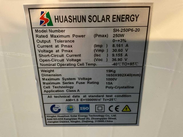 Huashun sh-250p6-20 zonnepaneel - afbeelding 2 van  2
