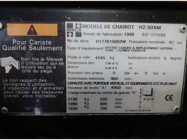 Hyster - 1999 - h2.50xm - vorkheftruck - afbeelding 12 van  12