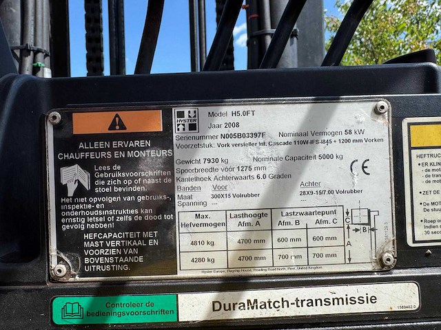 Hyster - 2008 - h5.0ft - 4.7m duplex, side-shift, vorkversteller - 5183 uren - vorkheftruck - afbeelding 3 van  22