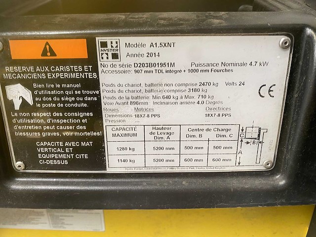 Hyster - 2014 - a1.5xnt - 5.2m triplex, free-lift, side-shift, accu van 2020 - vorkheftruck - afbeelding 3 van  7
