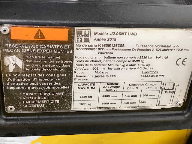 Hyster - 2018 - j2.0xnt lwb - 4.9m triplex, free-lift, side-shift, vorkversteller - vorkheftruck - afbeelding 5 van  7
