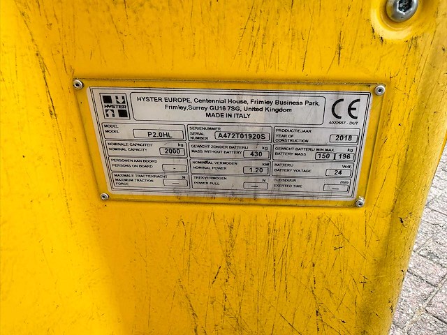 Hyster - 2018 - p2.0hl - elektrische palletwagen - afbeelding 6 van  8
