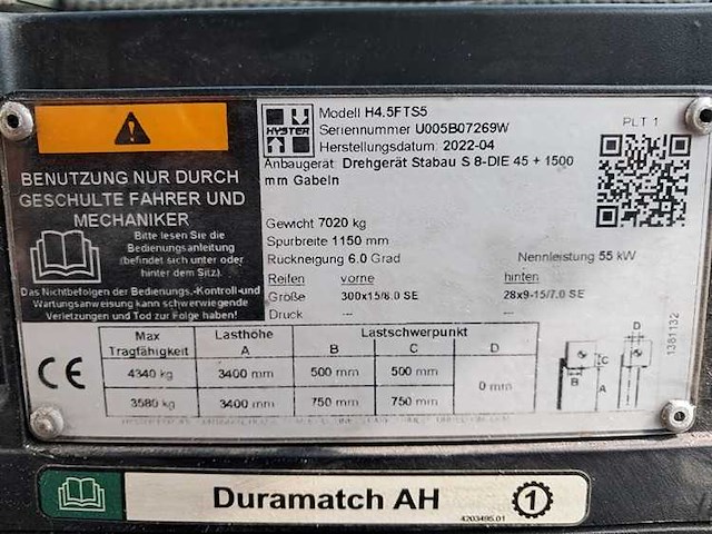 Hyster - 2022 - h4.5fts5 - 2138 uren, 3.4m duplex, vorkversteller, side-shift - vorkheftruck - afbeelding 4 van  12