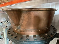 Industriële kantelbare kookketel, jamketel met handwiel, koper/brons/groen, op stalen onderstel met handwiel - afbeelding 4 van  5