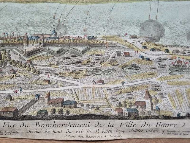 Ingekleurde prent “bombardement van le havre”, 1759 - afbeelding 3 van  6