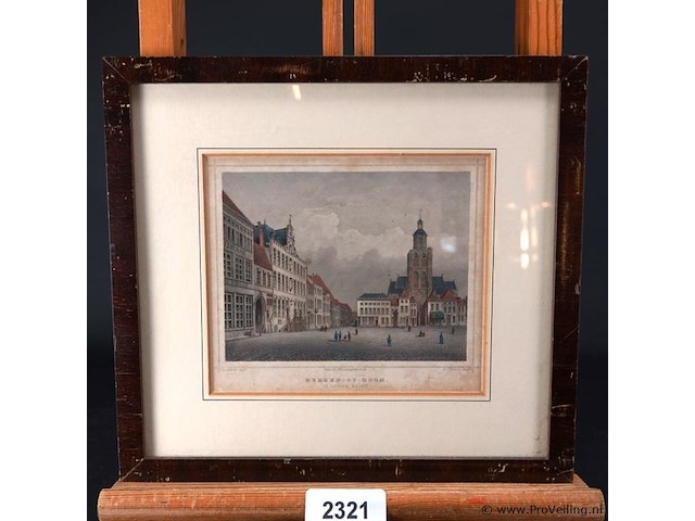 Ingekleurde staalgravure de groote markt te bergen op zoom - afbeelding 1 van  5