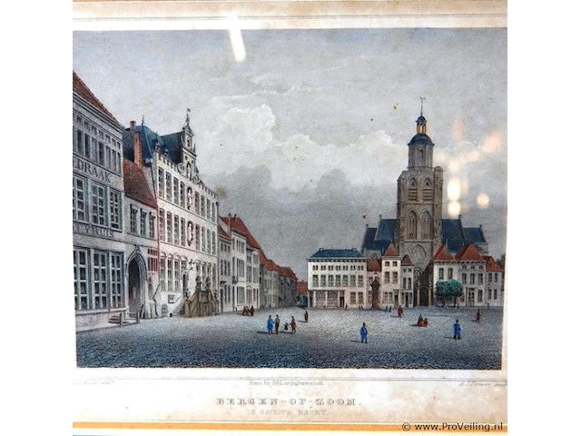 Ingekleurde staalgravure de groote markt te bergen op zoom - afbeelding 3 van  5