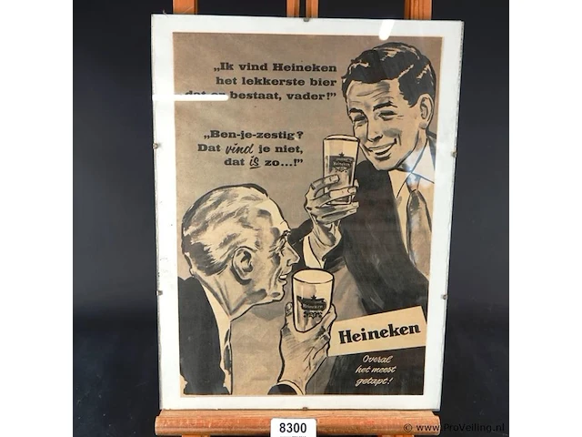 Ingelijste vintage heineken-reclameposter uit de jaren 50 of 60 met de slogan "overal het meest getapt!" - afbeelding 1 van  5