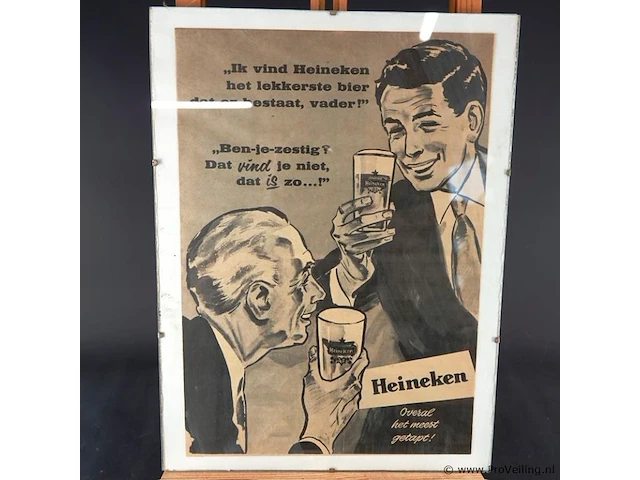 Ingelijste vintage heineken-reclameposter uit de jaren 50 of 60 met de slogan "overal het meest getapt!" - afbeelding 2 van  5