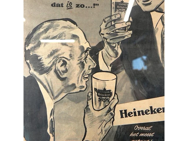 Ingelijste vintage heineken-reclameposter uit de jaren 50 of 60 met de slogan "overal het meest getapt!" - afbeelding 3 van  5