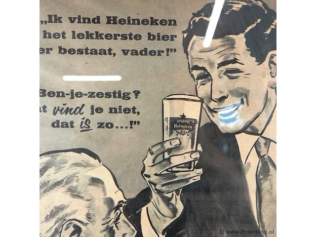 Ingelijste vintage heineken-reclameposter uit de jaren 50 of 60 met de slogan "overal het meest getapt!" - afbeelding 4 van  5
