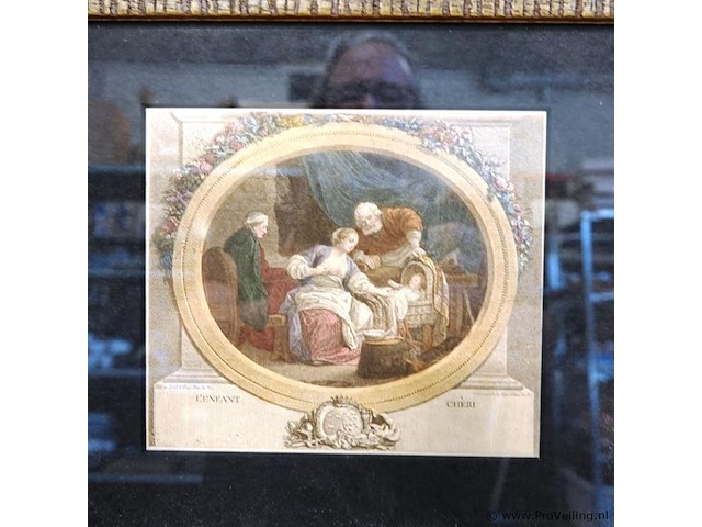 Ingelijste vintage lithografie getiteld "l'enfant chéri", gebaseerd op een gravure van nicholas delaunay - afbeelding 2 van  5