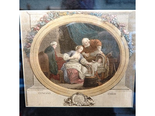 Ingelijste vintage lithografie getiteld "l'enfant chéri", gebaseerd op een gravure van nicholas delaunay - afbeelding 3 van  5