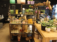 Inhoud van stellingkast w.o. potten, vazen, kandelaars, windlichten en sierborden. - afbeelding 1 van  4