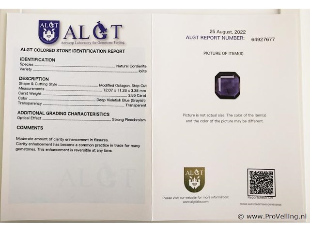 Iolite 3.55ct algt certified - afbeelding 4 van  4