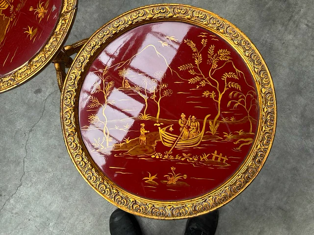 Jansen furniture chinoiserie rood bijzettafel (2x) - afbeelding 3 van  6